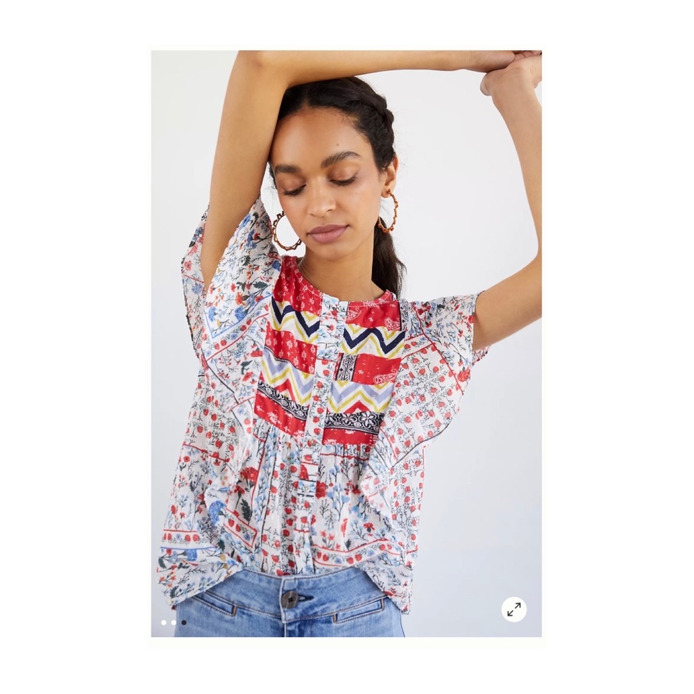 Anthropologie White Multicolor Patchwork Flutter-Sleeve Top